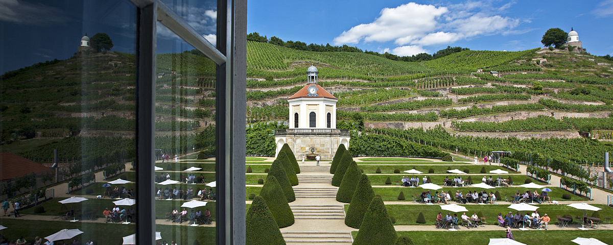 Schloss Wackerbarth View from the castle through the patio door onto the Belvedere in Wackerbarth Castle.